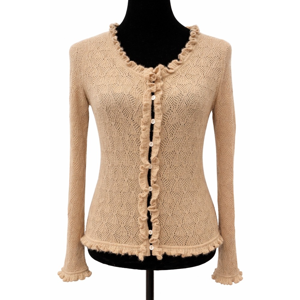 Saks Fifth Avenue‎ Womens Open Knit Cardigan Sweater Medium Beige 100% Cashmere